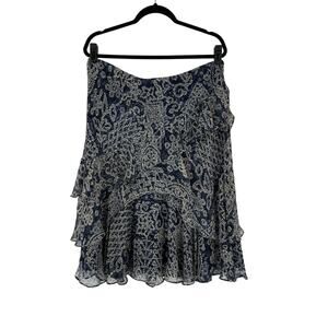 Lauren Ralph Lauren Silk Skirt Large Midi Ruffle Abstract Navy Boho Whimsigoth